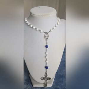 Elegant Rosary Beads White Ceramic & Blue Glass Beaded Necklace 20"